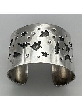 Navajo Andy Marion Cuff Bracelet Sterling Silver Signed Native American Symbols